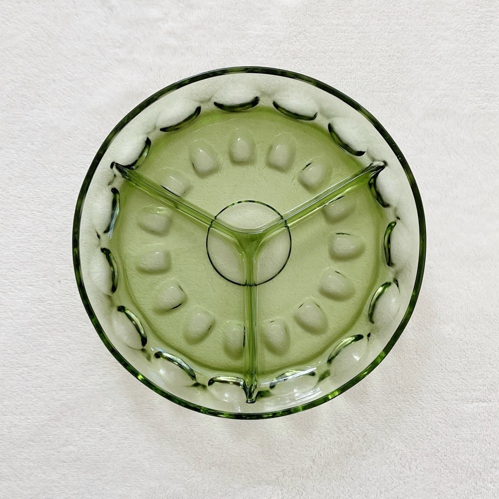Vintage Green Glass Relish Dish 3 Section Divided Serving Bowl 8”